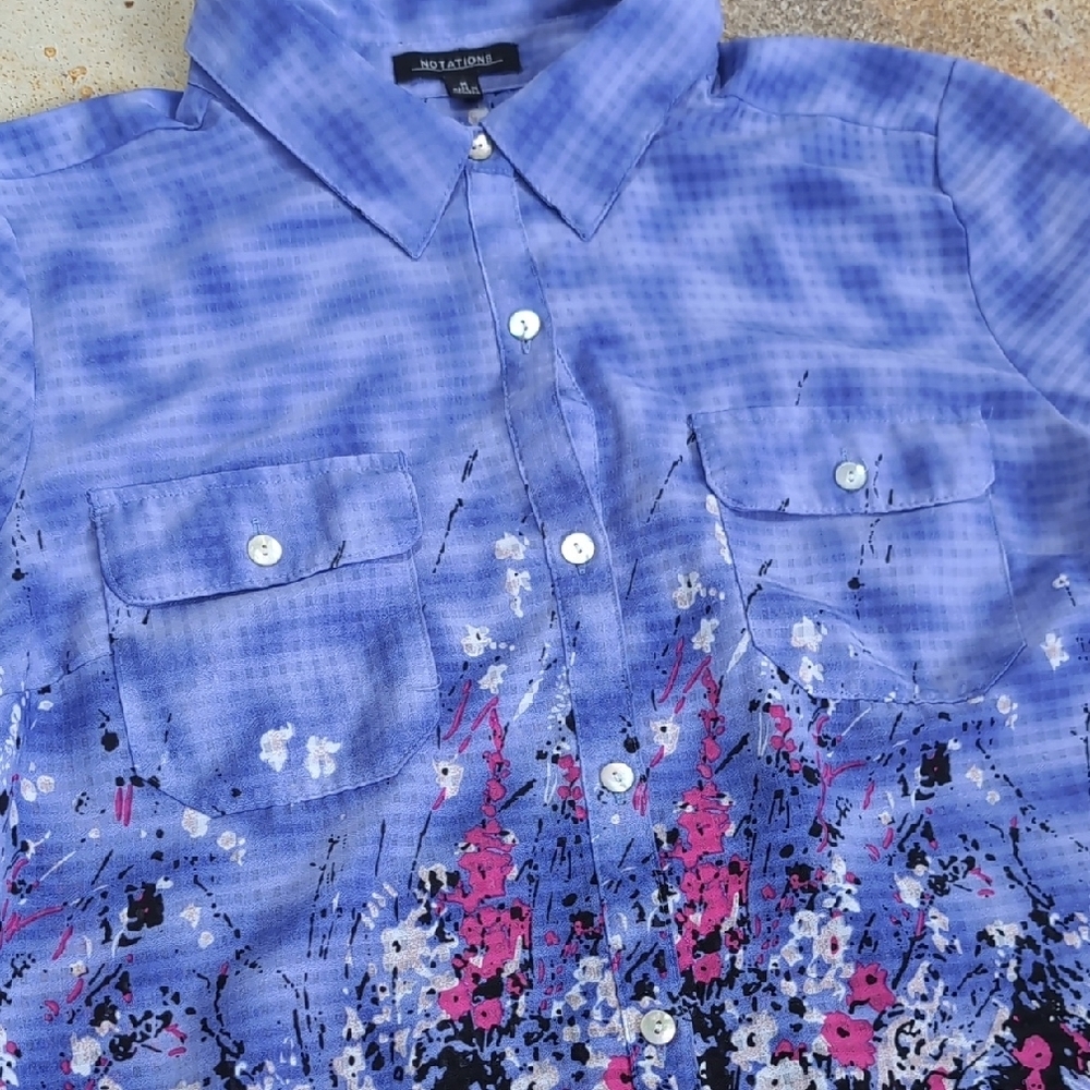 Notations | Purple Patterned Floral Lightweight Button Down Shirt Size M - Picture 2 of 11